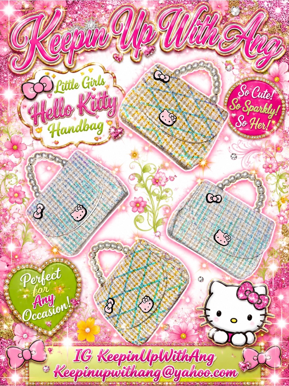 Hello Kitty Girls Sparkly Tweed Handbag Set in Pastel Pink and Blue